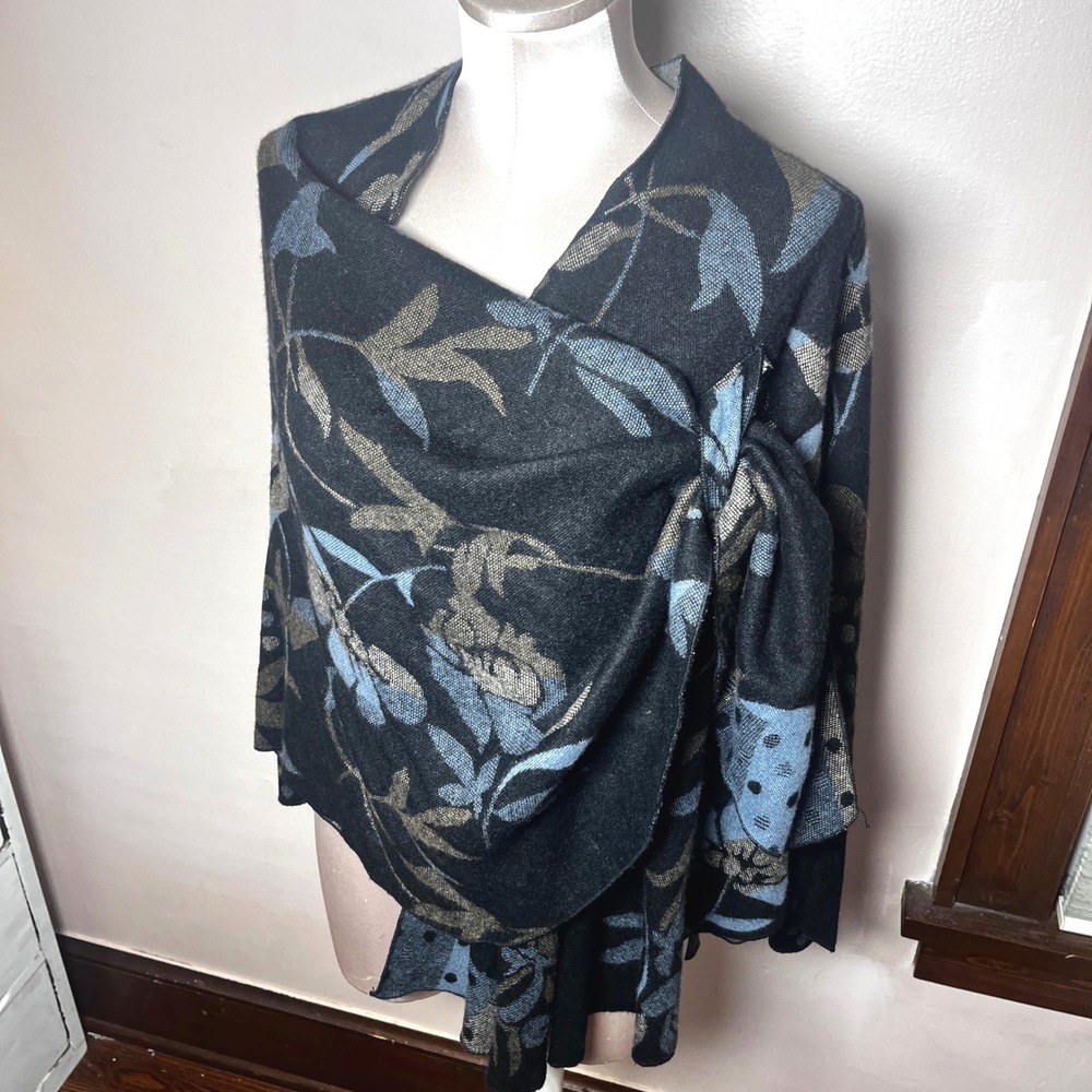 Rapti Cashmere Floral Polka Dot Knit Wrap Shawl Asymmetrical Draped Poncho Cape